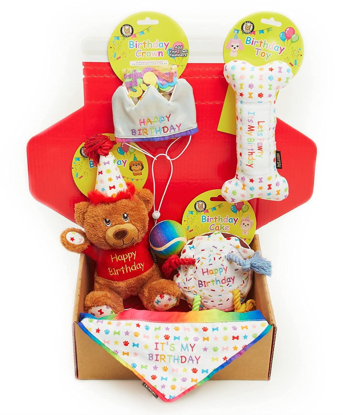 Pet London Dog Birthday Gift Box 6-Piece Hamper Present set, Perfect Dogs Happy Bday Celebration, includes Toys, Hat and Bandana (Small)