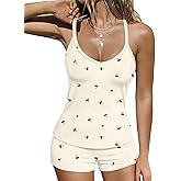 Ekouaer Ribbed Cami Pajamas Set 2 Piece Rib Knit Camisoles Pjs Racerback Tank Top with Shorts Lounge Sets for Women