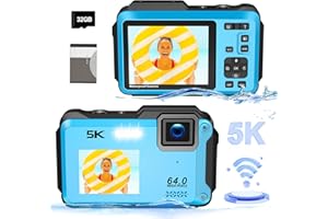 GAVONDE 5K Underwater Camera, WiFi 16FT Waterproof Digital Camera, 16X Digital Zoom Dual-Screen Selfie 64MP Underwater Camera for Snorkeling, Waterproof Camera with Fill Light, Lanyard & 32GB TF Card, Blue