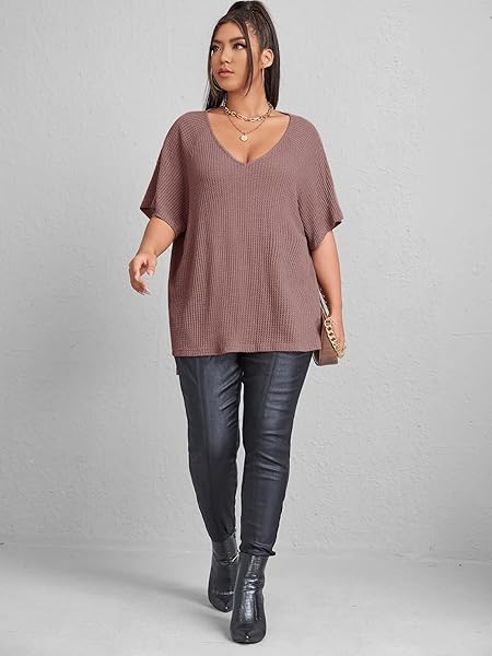 SOLY HUX WOMEN’S PLUS SIZE V NECK SHORT SLEEVE TEE SPLIT HEM WAFFLE KNIT OVERSIZED CASUAL LOOSE SUMMER BASIC T SHIRT TOPS DUSTY PINK