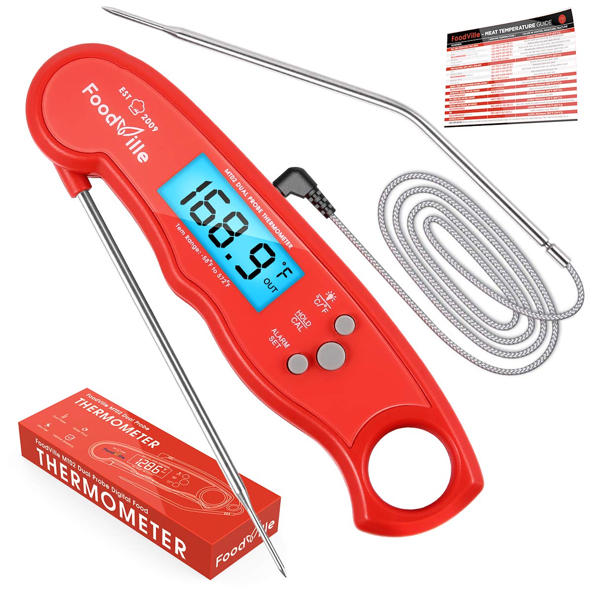 FoodVille MT02 Dual Probe Meat Thermometer, Waterproof Digital Instant Read Grill Thermometer with LCD Backlight for Food Cooking, Candy Making, BBQ, Baking, Deep Frying