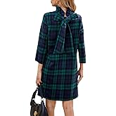 YEXPINE Women's Fall Plaid Dress Bow Tie Long Sleeve Dresses Casual Elegant Formal Shift Mini Dress with Pockets