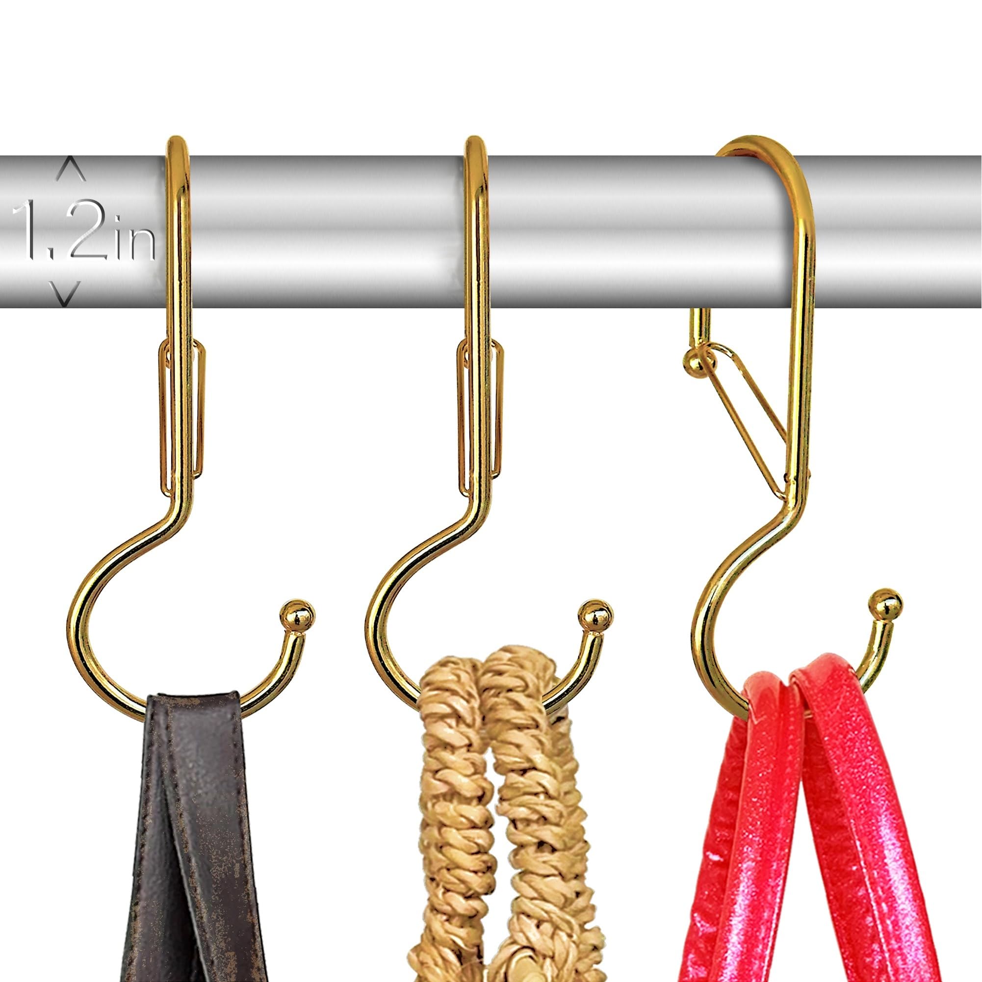Blau Marité 6-Pack Twisted S-Shaped Hooks with Safety Buckle – Heavy-Duty Anti-Drop Hangers for Handbags, Tote Bags, and Briefcases – Fits Bars up to 1.2 inches in Diameter – Gold