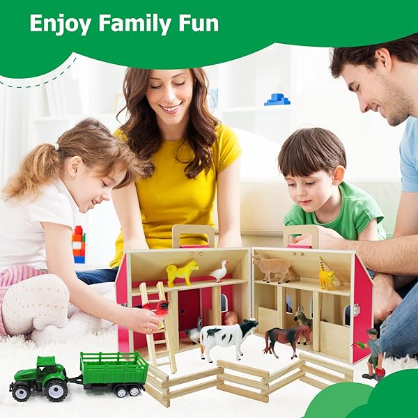 SIMPLIPLAY FARM ANIMAL TOYS WITH PORTABLE LARGE WOODEN BARN FOR KIDS 3+ YEARS OLD, 10 PCS FARM ANIMALS FIGURES FOR BOYS, GIRLS, ANIMAL LOVERS, IDEAL GIFT FOR KIDS TODDLERS, IMPROVE FINE MOTOR SKILLS