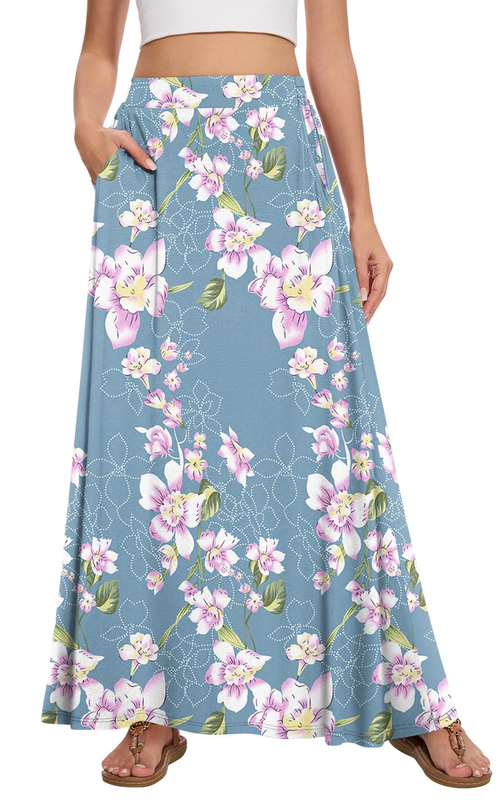 Leafsay Womens Maxi A-line Long Summer Skirt Elastic High Waist Flowy Skirt with Pockets(Gray-Blue,L) Image