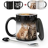 Unique Cat Mugs, Color Changing Coffee Cups 11oz - The Fish is Delicious - Halloween Mug with Black Lid & Head Spoon, Ceramic Coffee Mug with Lid, Gift for Cat Lovers