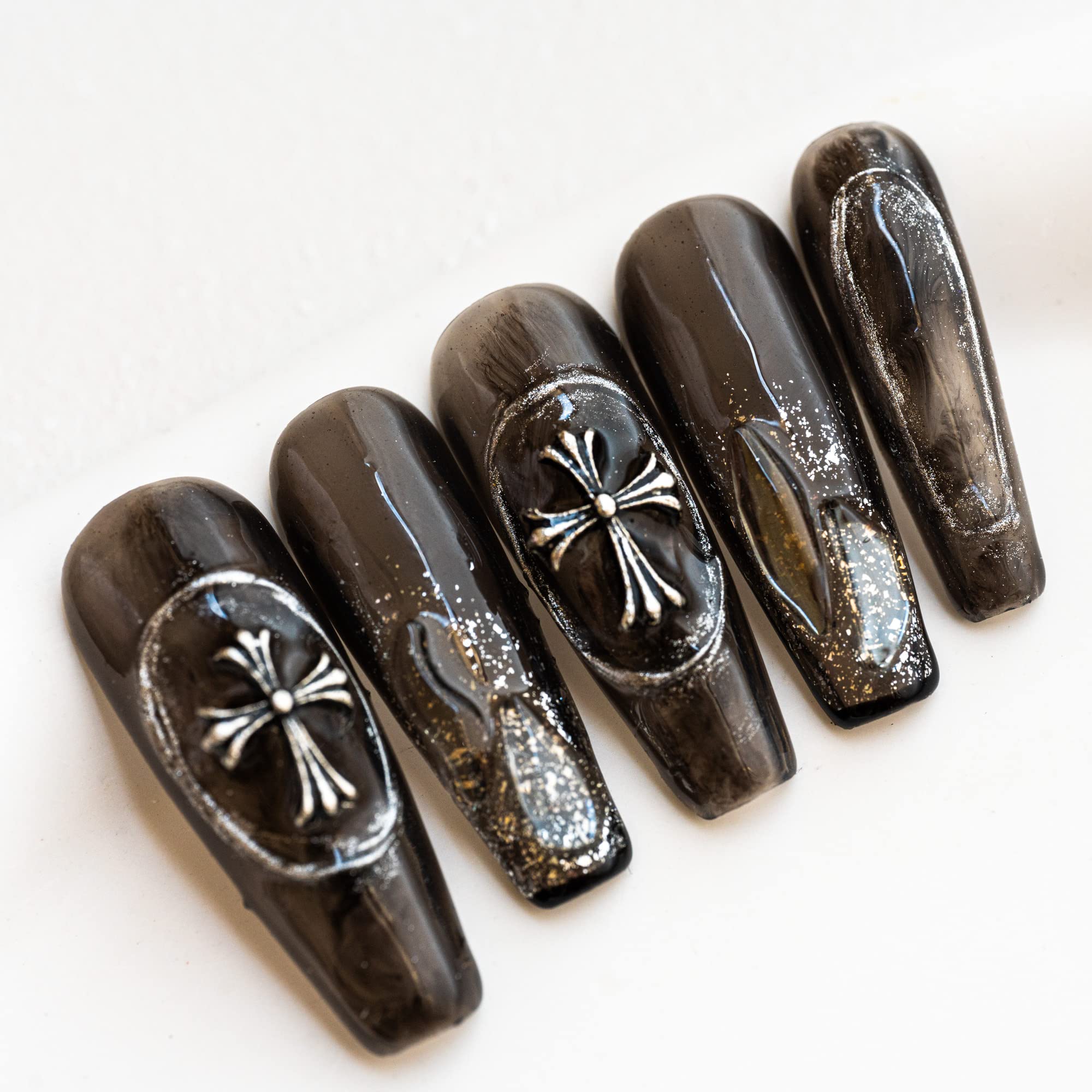 Sun&Beam Nails Handmade Press On Nails Long Coffin Black Silver Smoky Marble with Cross Glitter Glossy 10 Pieces for Everyday Wear and Going Out (#003 M)