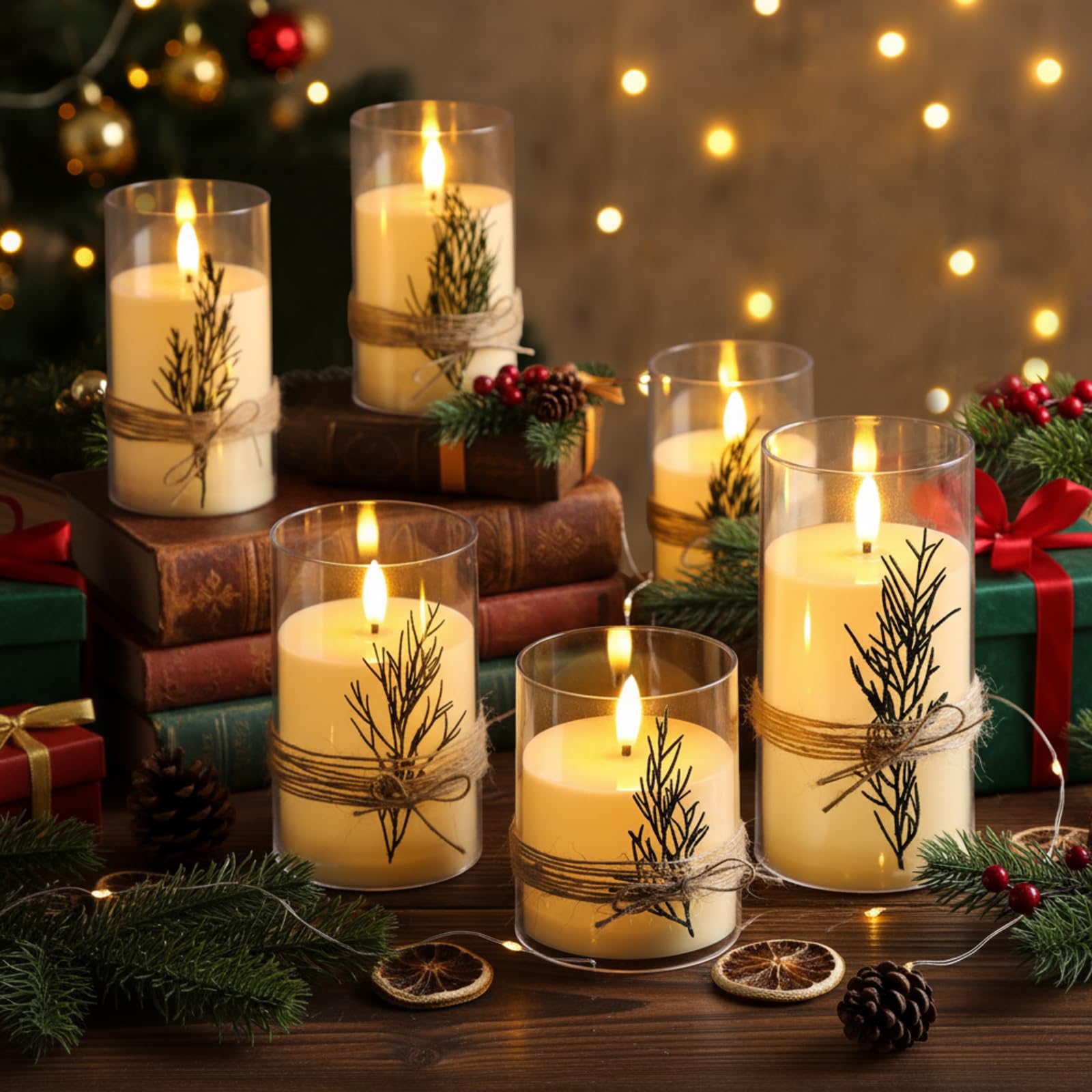 Photo 1 of **missing parts** 2 pcs**Mudder 6 Pcs LED Flickering Flameless Candles 3D Acrylic Pillar Votives Decorative Fake Candles Battery Operated(Battery Not Included) for Home Decor Christmas Wedding Holiday Centerpieces, 3 Size