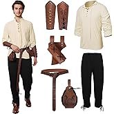 Hewlaud 6 Pcs Men's Renaissance Costume Halloween Medieval Pirate Costume Set Viking Shirt Pants Cosplay