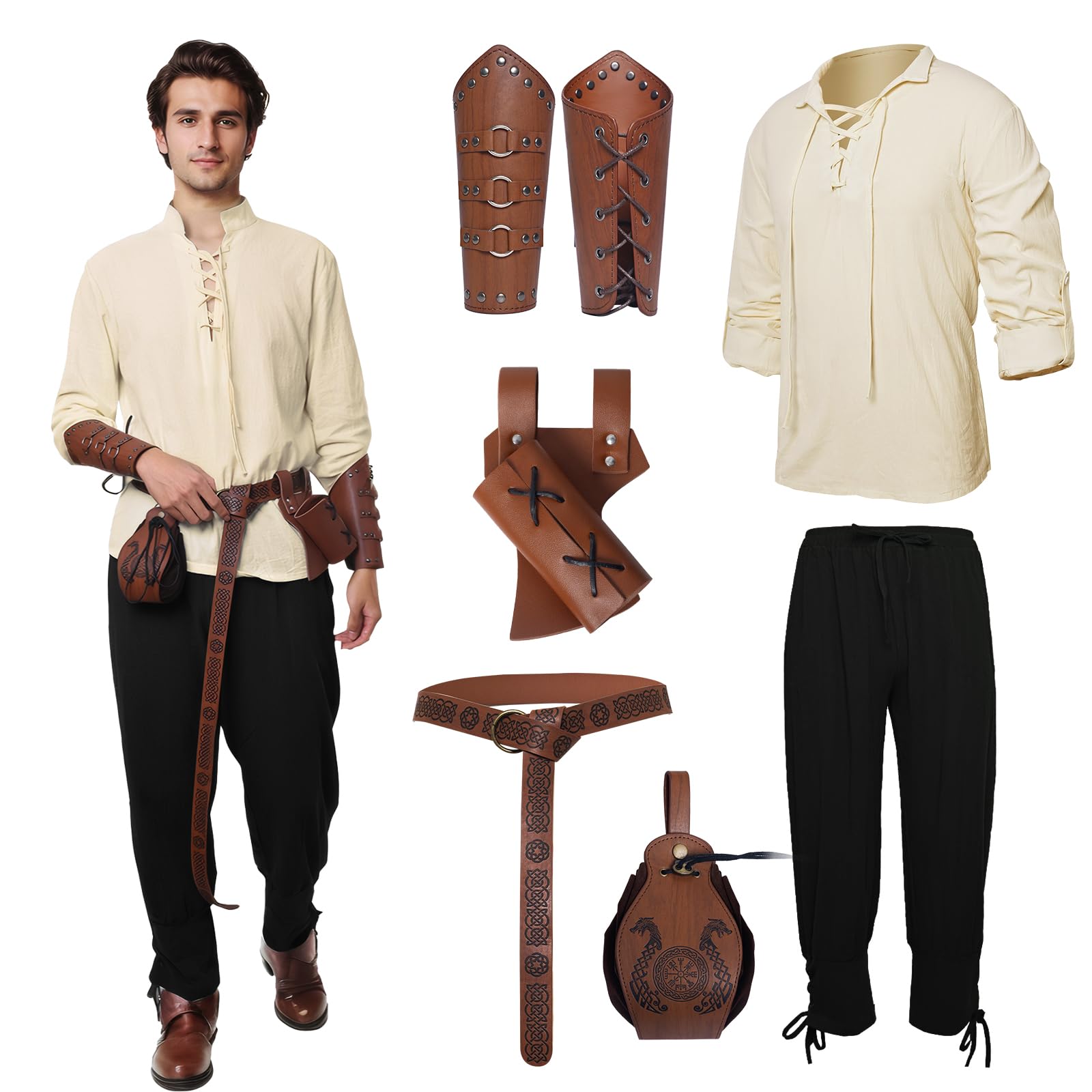 Medieval Clothing Men's Viking Costume Set with Men's Medieval Pirate, Medieval Trousers with Men's Arm Guards/Knight Belt/Retro Pirate Gold Coin Bag/Sword Bag (White Black, XL)