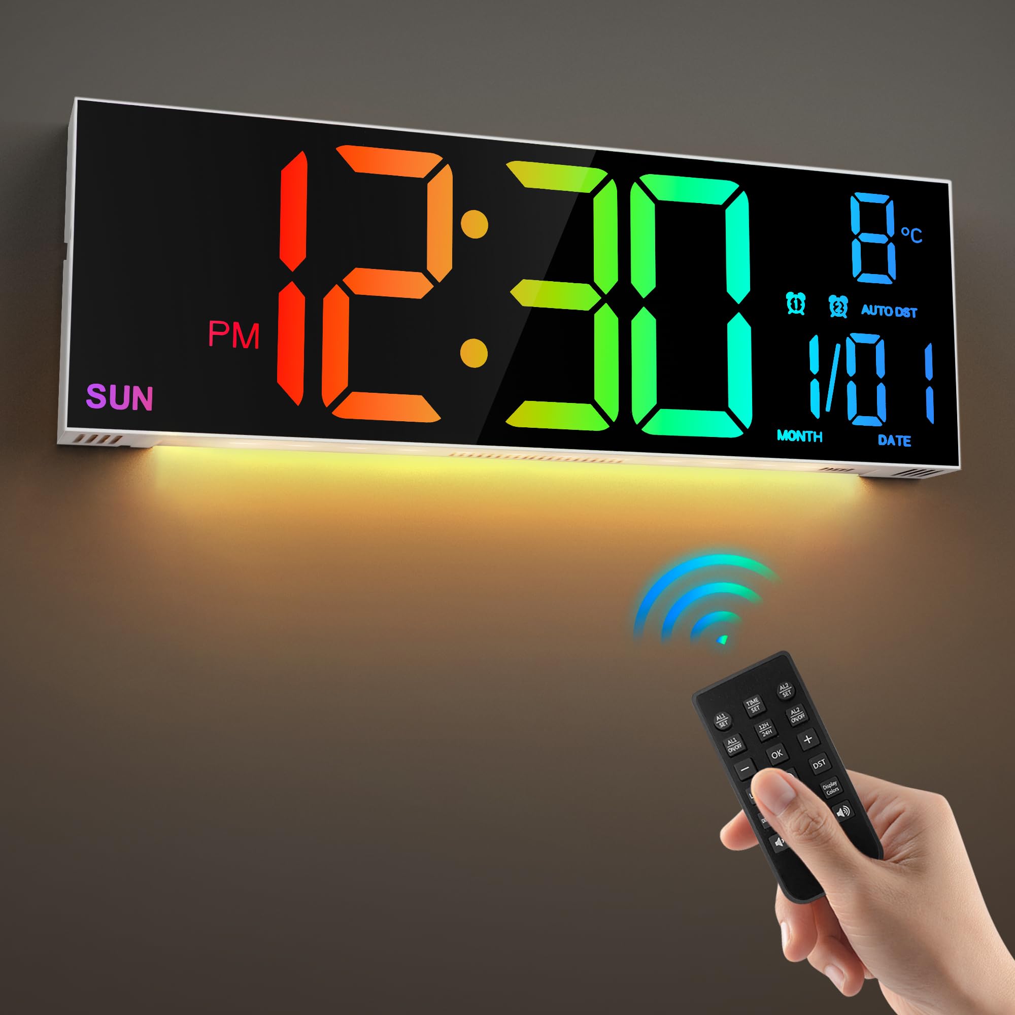 HAITANG 16.5'' Large Digital Wall Clock with Remote Control, Big LED/Dual Alarm/8 RGB Colors/Auto Brightness/Date/Auto DST/Temperature/Night Light Gym Clocks for Living Room Bedroom Office Wall Decor