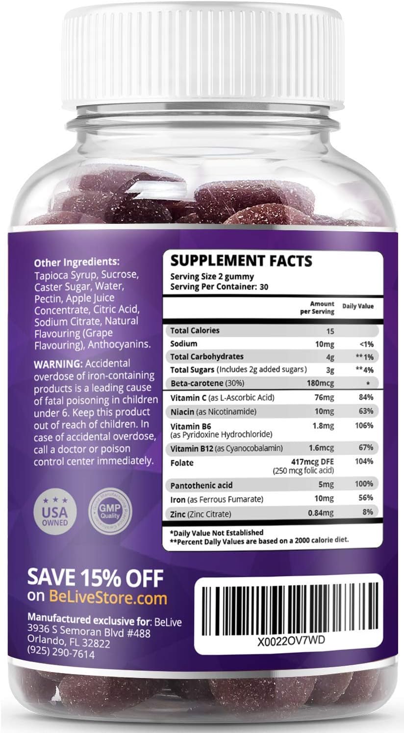 Iron Gummies with Vitamin C & A, Vitamins B Complex, Zinc, Multivitamin for Kids and Adults - Ideal for Sensitive Stomachs - Non-Constipating - 60 Vegan Chewable Gummy: Health & Personal Care