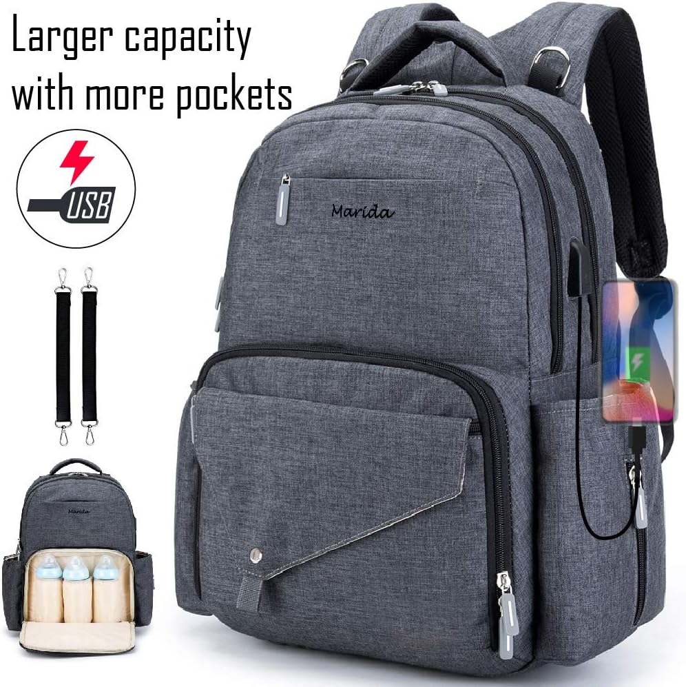 Baby Nappy Changing Backpack Baby Diaper Bag Nappy Back Pack with Changing Mat & Insulated Bottle Bags & Stroller Straps for Mom Dad - Waterproof Durable Large Capacity Wide Open Design Grey