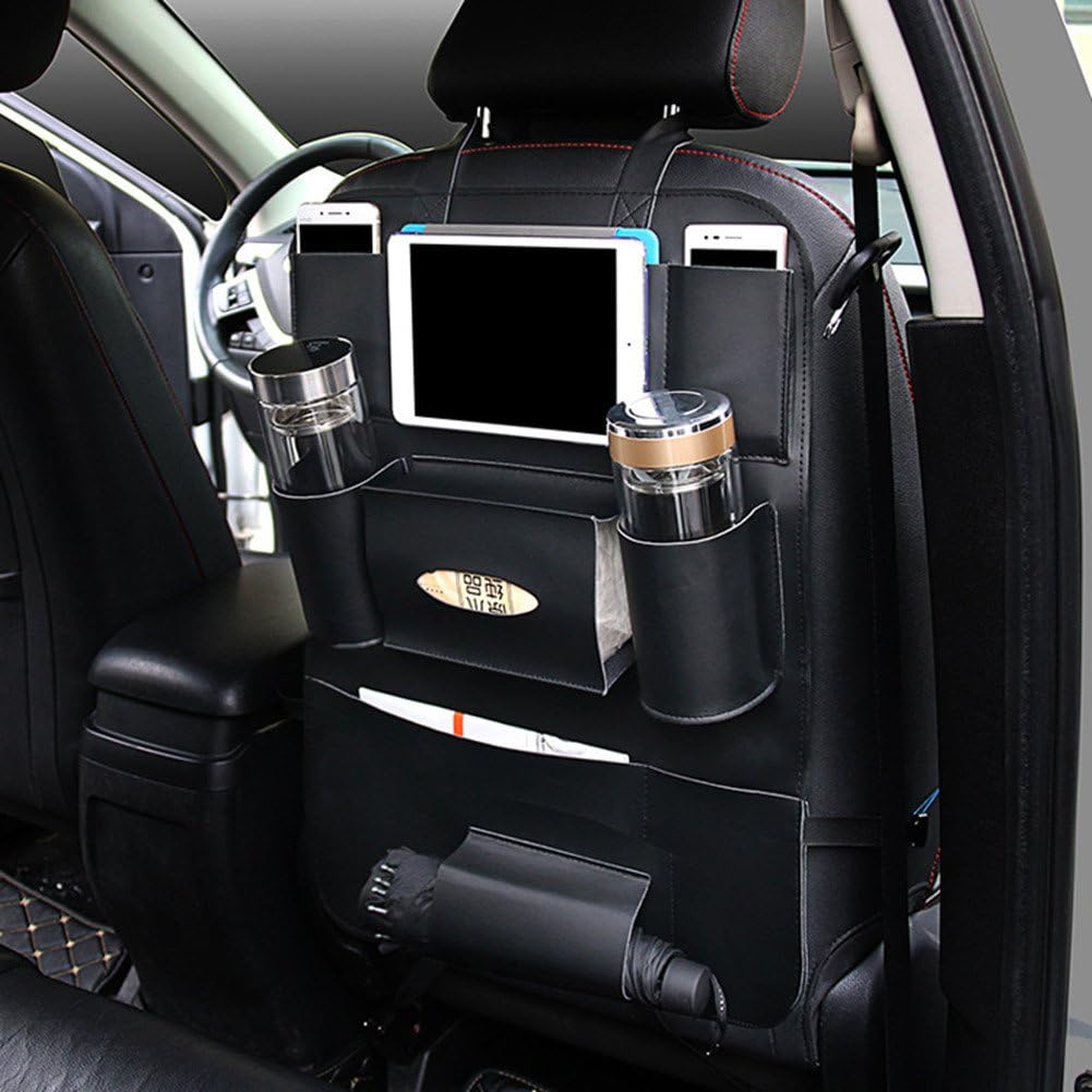 PU Leather Car Seat Back Organizer with Holder Bag for iPad Mini, Universal Backseat Storage for Cellphones, Bottles, Books, Tissue Box, Kids’ Toys, Umbrella