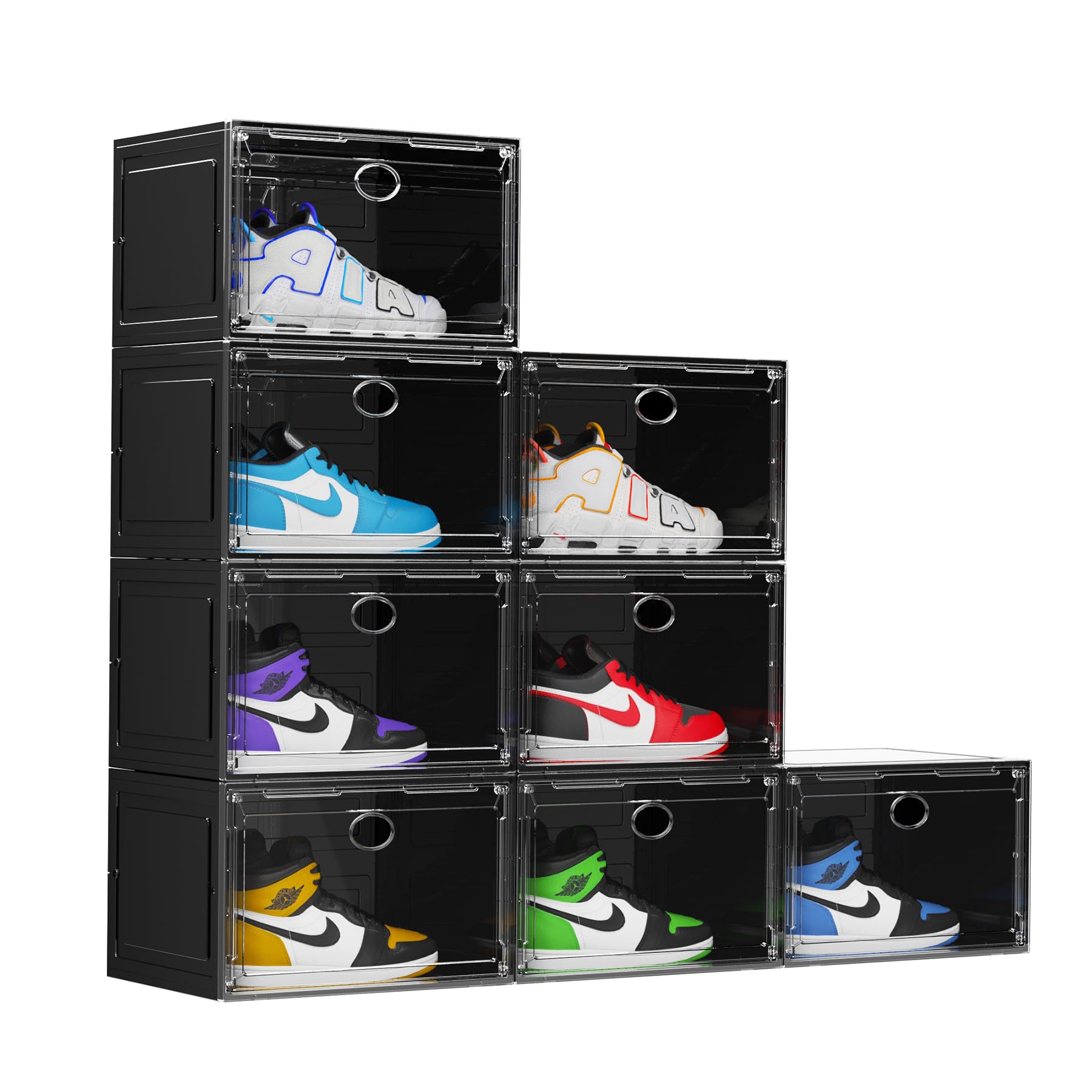 Photo 1 of KEFA XL Shoe Storage Box Organizer, 8 Pack Shoe Boxes Clear Plastic Stackable, Sneaker Display Case Container Fit for US 13 (Side 8 PACK BLACK)