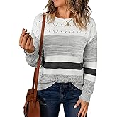 Sidefeel Women's Oversized Sweaters Striped Crochet Boat Neck Hollow Out Lightweight Long Sleeve Knit Trendy Pullover Tops