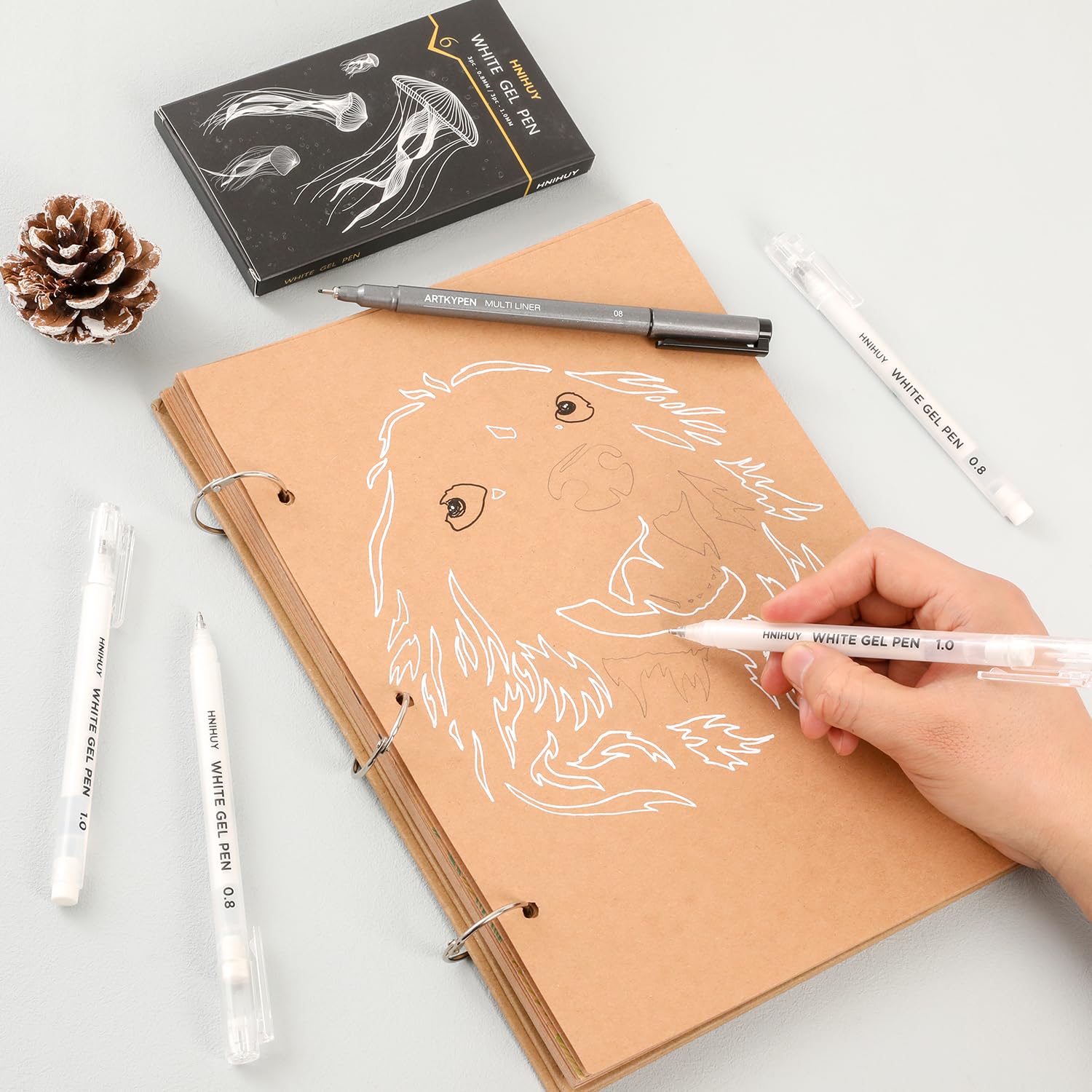 HNIHUY White Gel Pens,1mm, 0.8mm Fine Point Opaque White Archival Ink Pen for Black Paper Drawing, Sketching, Illustration, Bullet Journaling, Pack of 6