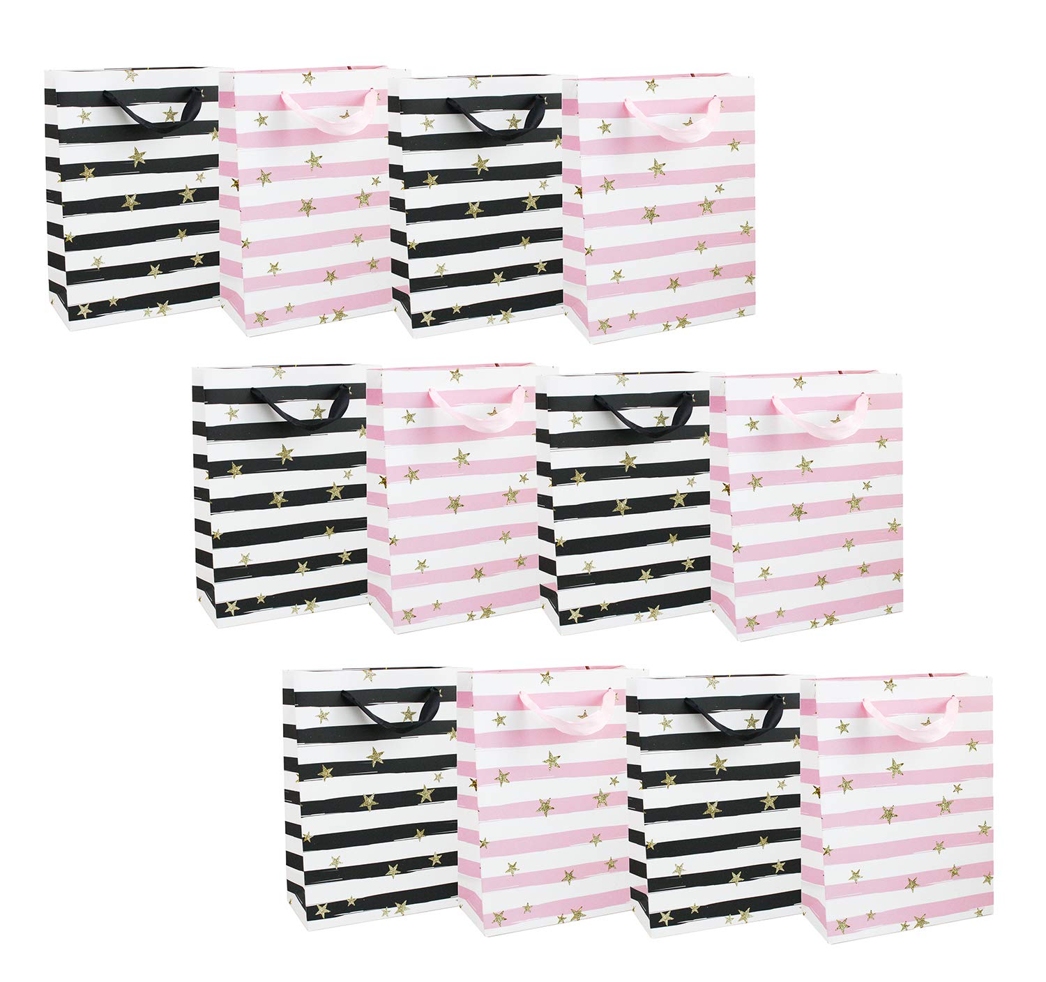 Emartbuy Set of 12 Luxury Gift Bag Strong Laminated Paper Mixed Colours 26 x 32 x 10 cm - Glitter Stars - Black and Pink