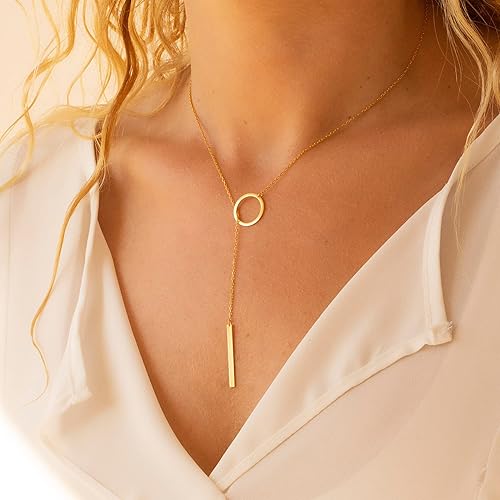 Tewiky Gold Circle Bar Necklace for Women, Dainty 14k Gold Lariat
