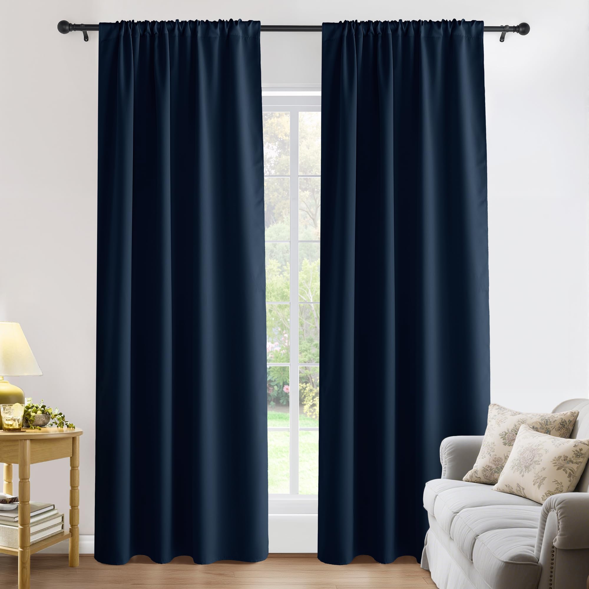 PONY DANCE Blackout Window Curtains - Rod Pocket Window Treatments Curtain Panels/Draperies Room Darkening Noise Reducing Home Fashion, Wide 52 x Long 84 inches, Navy Blue, One Pair Image