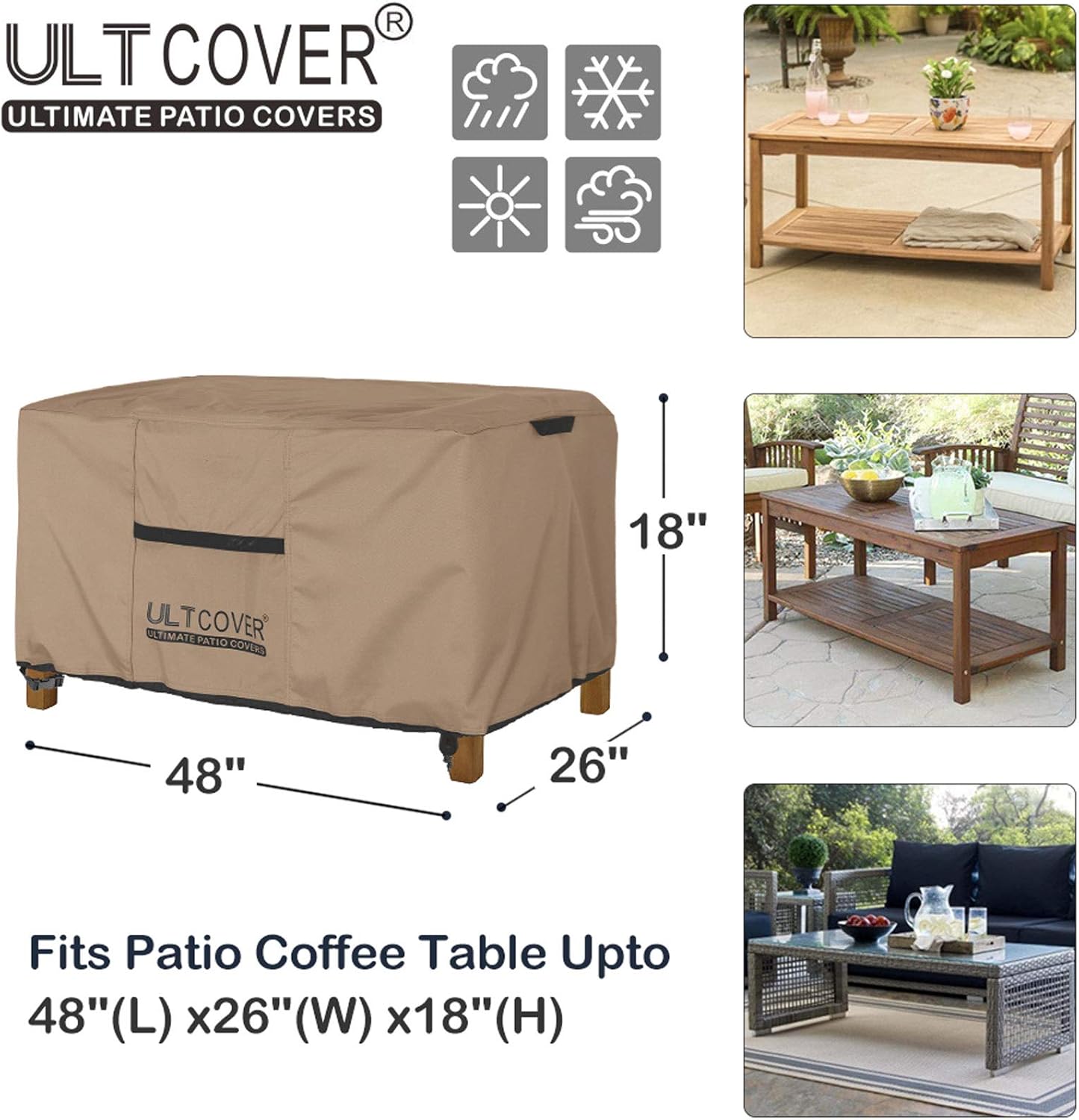 ULTCOVER Patio Coffee Table Cover, Waterproof Rectangular Outdoor Small Side Table Cover 48L x 26W x 18H inch: Kitchen & Dining
