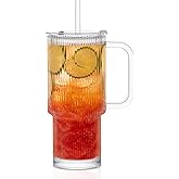 KEMORELA Large 26oz Clear Glass Mug with Handle and Sliding Lid – Aesthetic Ribbed Tumbler for Iced Coffee, Smoothies & Hot Drinks – Reusable Travel Cup with Straw, Dishwasher Safe (Ribbed Tumbler)
