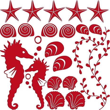 GRAZDesign Bad Deko Tattoos Unterwasser Welt - Maritime Dekoration Fliesentattoos Muscheln Seesterne Set - Wandtattoo Badezimmer mit Zwei Seepferdchen / 57x57cm / Farbe 031 rot