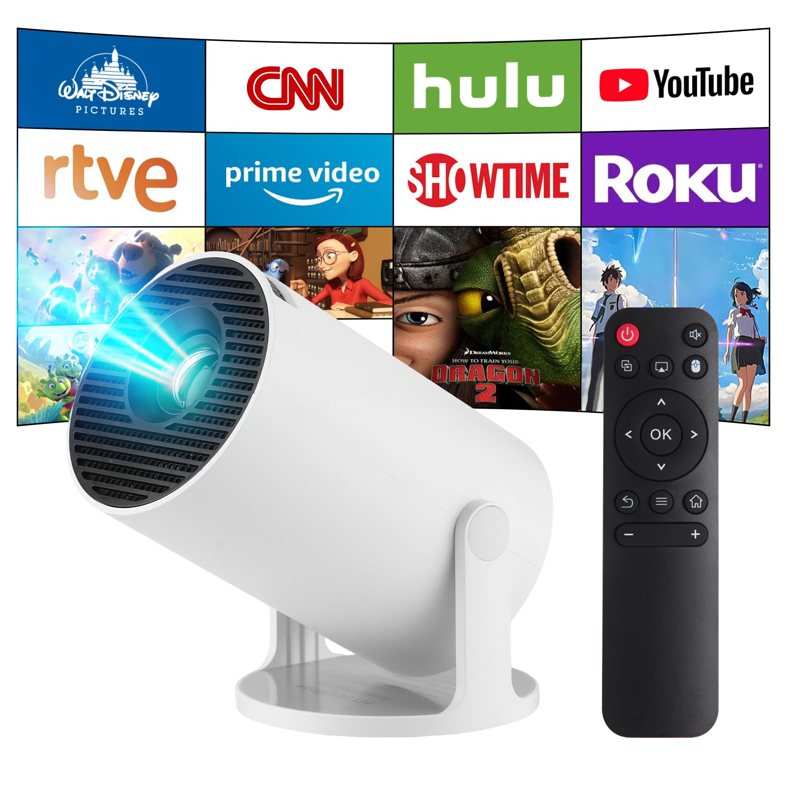 Photo 1 of Mini Projector,Upgraded Smart 4K Projector with Wifi 6 and Bluetooth 5.4,Portable Projector with Android 11, Automatic Keystone Correction,180 Degree,130 Inch Display (White)