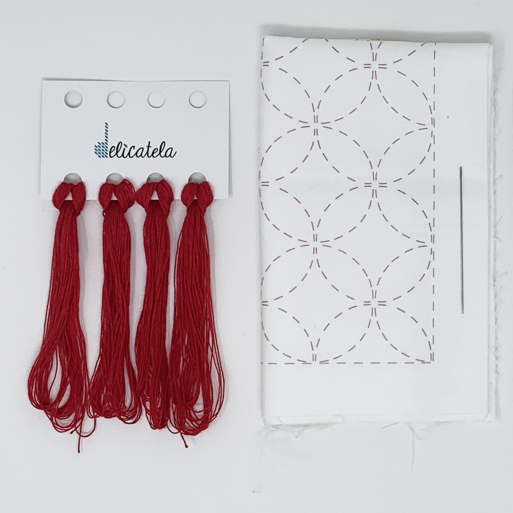 DELICATELA Sashiko | Japanese Embroidery Kit | Fabric 68cm x 34cm Pre-Stamped (30cm x 30cm) | Natural Thread | Long Needle | Embroidery Instructions | Seven Treasures Design (White)