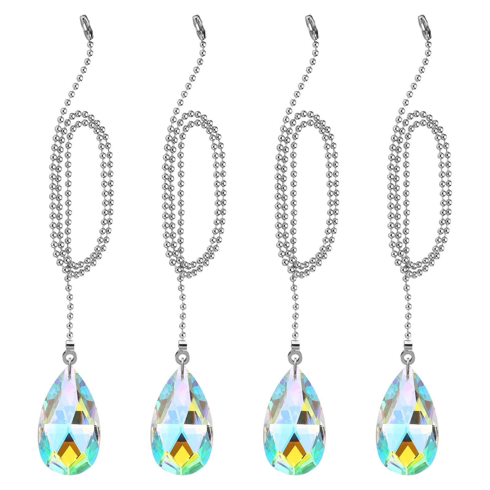 PATIKIL 22 Inch Ceiling Fan Pull Chain Extender Sets, 4 Pcs Crystal Drop Shape Beaded Ball Fan Pull Chain with Ball Chain Connector, Light Rainbow Color