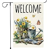 Welcome Spring Garden Flag Colorful Floral Small Home Yard 12x18 Inch Double Sided Burlap Butterfly Outside Lawn Flags