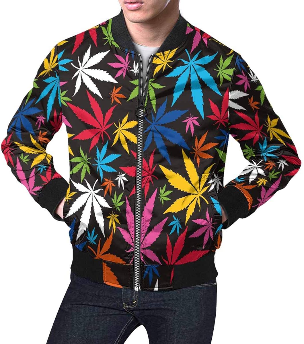 INTERESTPRINT Men's Classic Bomber Jacket Colorful Cannabis
