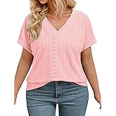 VISLILY Plus-Size-Summer-Tops for Women Casual V Neck T Shirts Trendy Rolled Short Sleeve Workout Tunics Loose Eyelet Tees