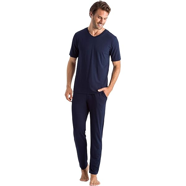HANRO Men's Living Short Sleeve V-Neck Shirt Sleepwear, Deep Navy