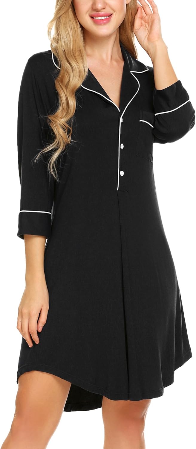 Ekouaer Nightgown Button Down Nightshirt 3/4 Sleeve &Half Sleeve Pajama Top Boyfriend Sleepshirt Nightdress for Women at  Women’s Clothing store