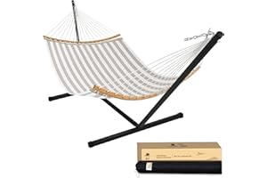 Patio Watcher 12 FT Double Quick Dry Hammock with Curved Bamboo Spreader Bar, Outdoor Patio Two Person Hammock with Portable Steel Stand,450 lbs Capacity, Beige White