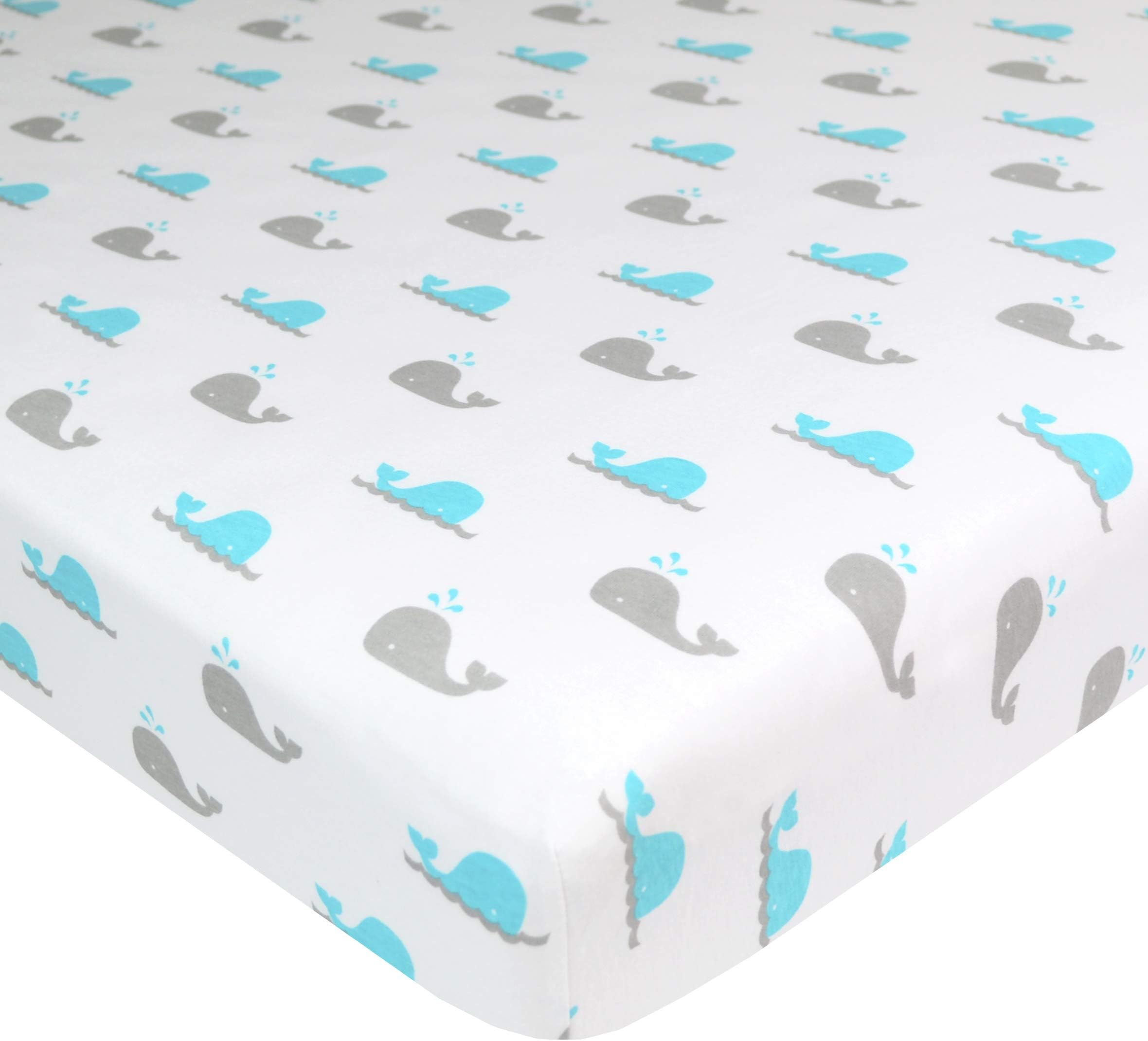 TL Care100% Natural Cotton Fitted Mini Crib Sheet 38" x 24" - Soft & Breathable Small Nesting Portable Crib Sheet, Fits Pack N Play Mattresses, Aqua Whale, for Boys & Girls