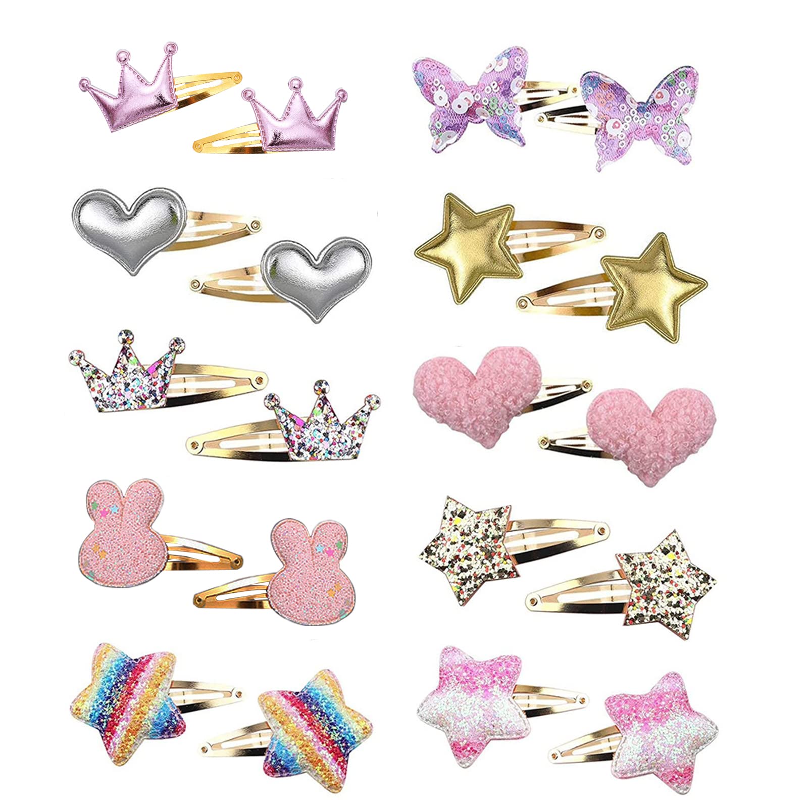MUFEKUM 10 Pairs Girls Hair Clips, Cute Hair Clips Metal Snap Barrettes include Star Butterfly Crown Heart Rabbit Shaped Hairpins, Sparkly Hair Accessories for Girls Kids