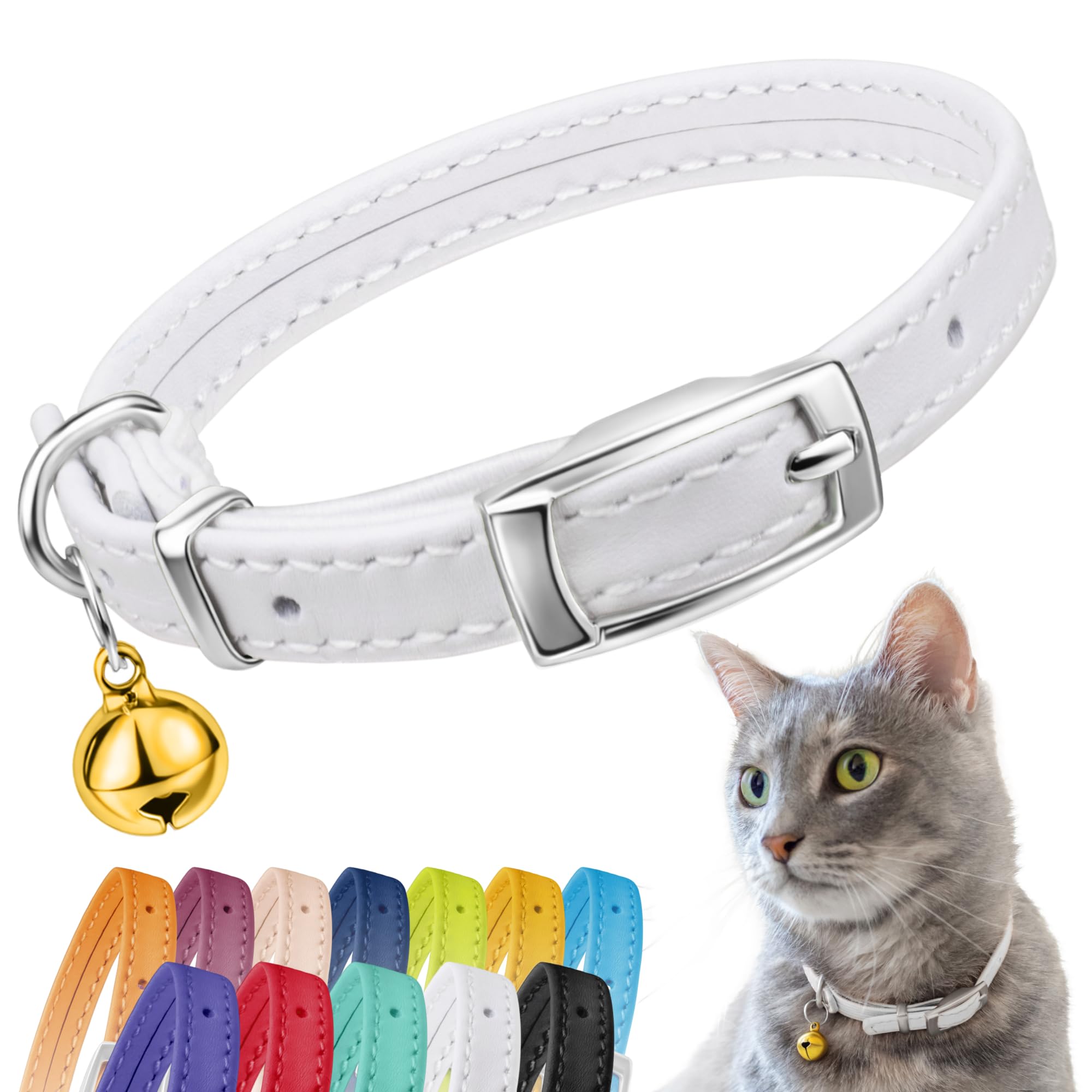 CollarDirect Leather Cat Collar, Cat Safety Collar with Elastic Strap, Kitten Collar for Cat with Bell Black Blue Red Orange Lime Green (Neck Fit 6"-7", White)