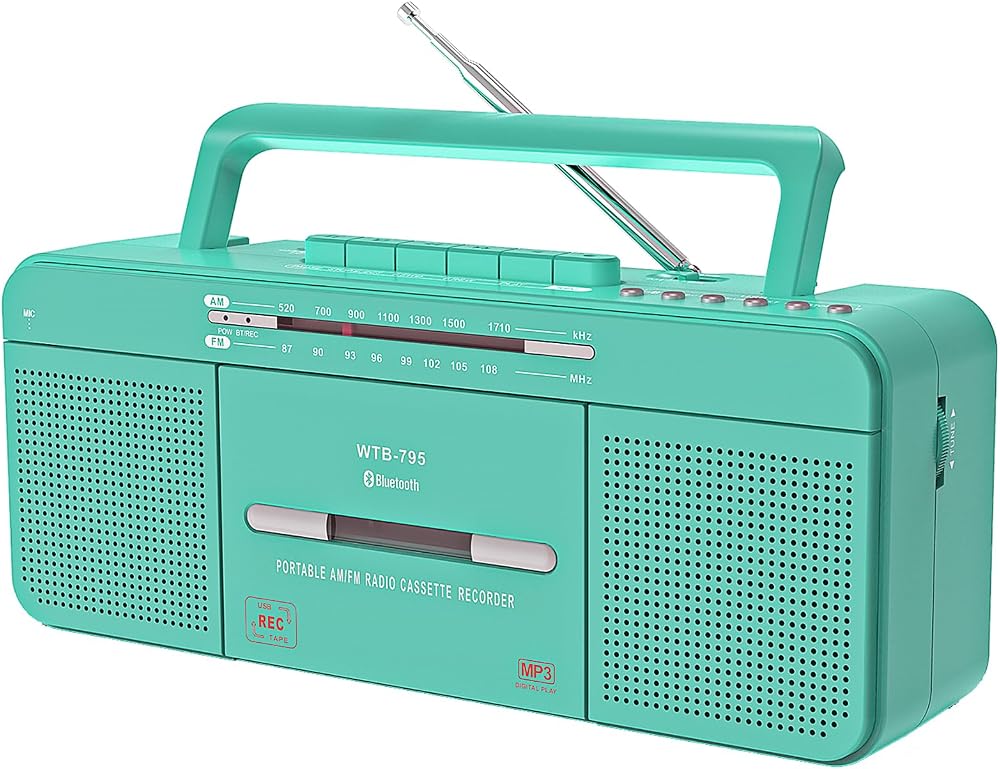 WISCENT Vintage Portable Cassette Player Boombox Bluetooth USB AM FM Teal