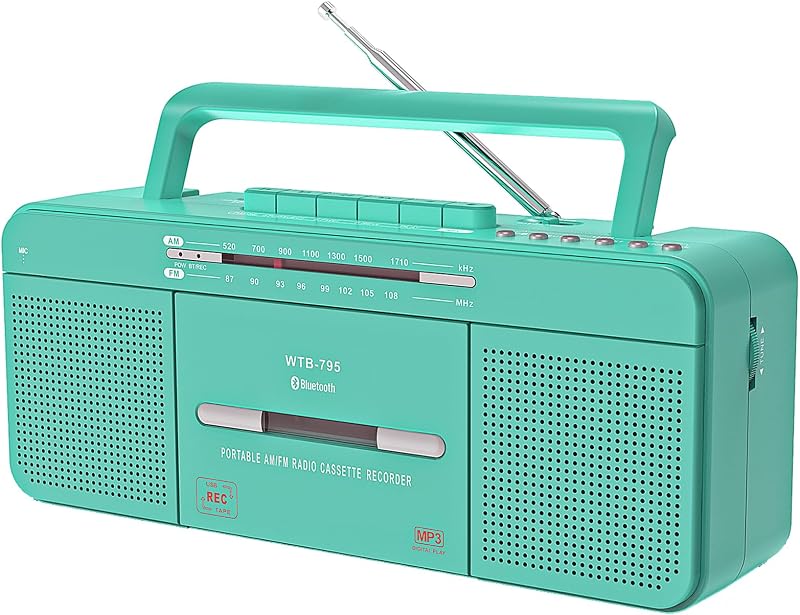 WISCENT Vintage Portable Cassette Player Boombox Bluetooth USB AM FM Teal