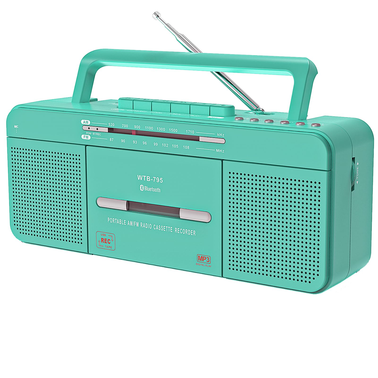 Vintage Portable Cassette Player Recorder with Bluetooth, USB, AM/FM Radio, Cassette to MP3 Converter, Built-in Microphone, Headphone Jack, Stereo Dual Speakers, Teal