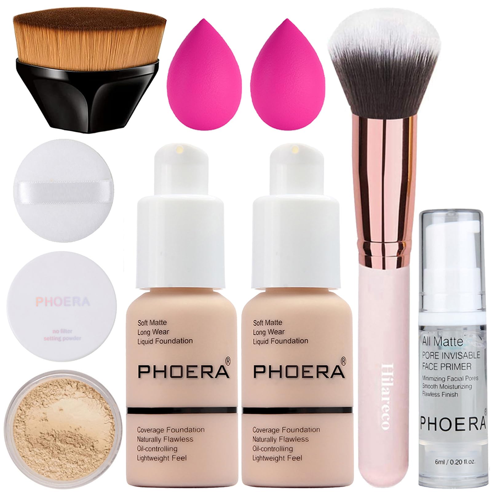 PHOERA Makeup Set - Full Coverage Foundation, Kabuki Makeup Brushes, Powder, 2 Pcs Makeup Sponge — image 1