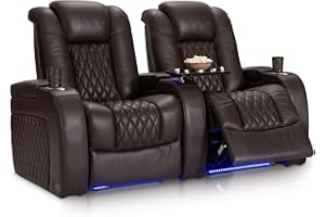 Seatcraft Diamante - Home Theater Seating - Living Room - Power Recline - Italian Leather - Powered Headrests - Cupholders - USB Charging - Ambient Lighting - Arm Storage, Row of 2, Brown