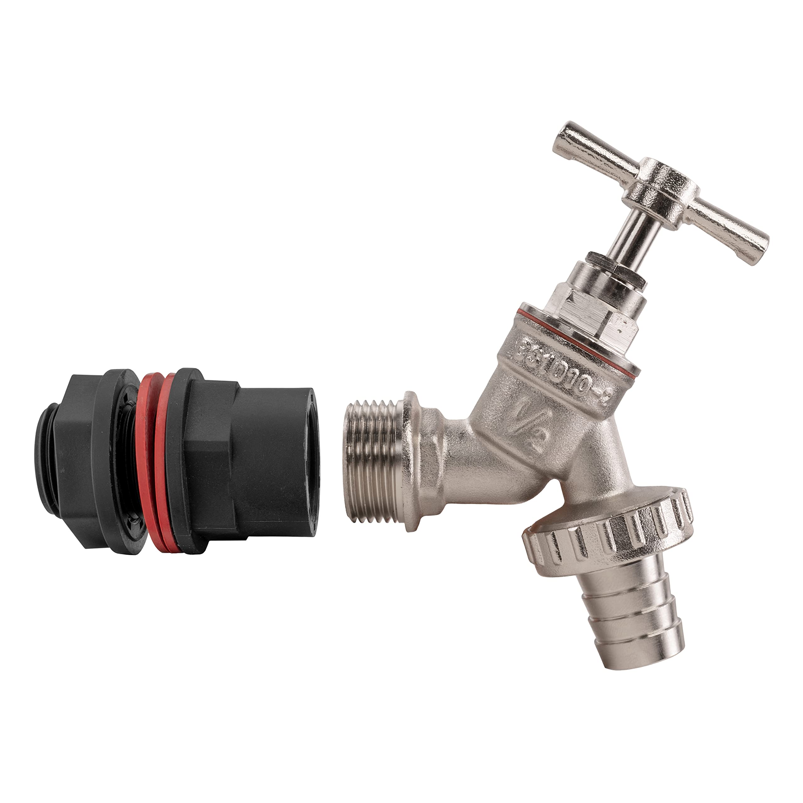 1/2" adaptor/connector+traditional bib tap for water butts/rain barrel & water tanks with hose barb (requires a 21mm hole)