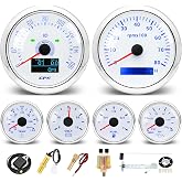 MH 6 Boat AUTO Gauge Set - 3-3/8" GPS Speedometer, Tachometer, 2-1/16" Oil Pressure, Fuel Level, Water Temperature, Voltmeter Marine Meter Kit Waterproof 7 Color (White)