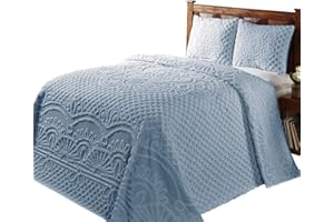 Better Trends Chenille Bedspreads Set Twin Size, Trevor Collection Medallion Design in Blue - Lightweight bedspreads, 100% Cotton Tufted Cotton Bedspreads