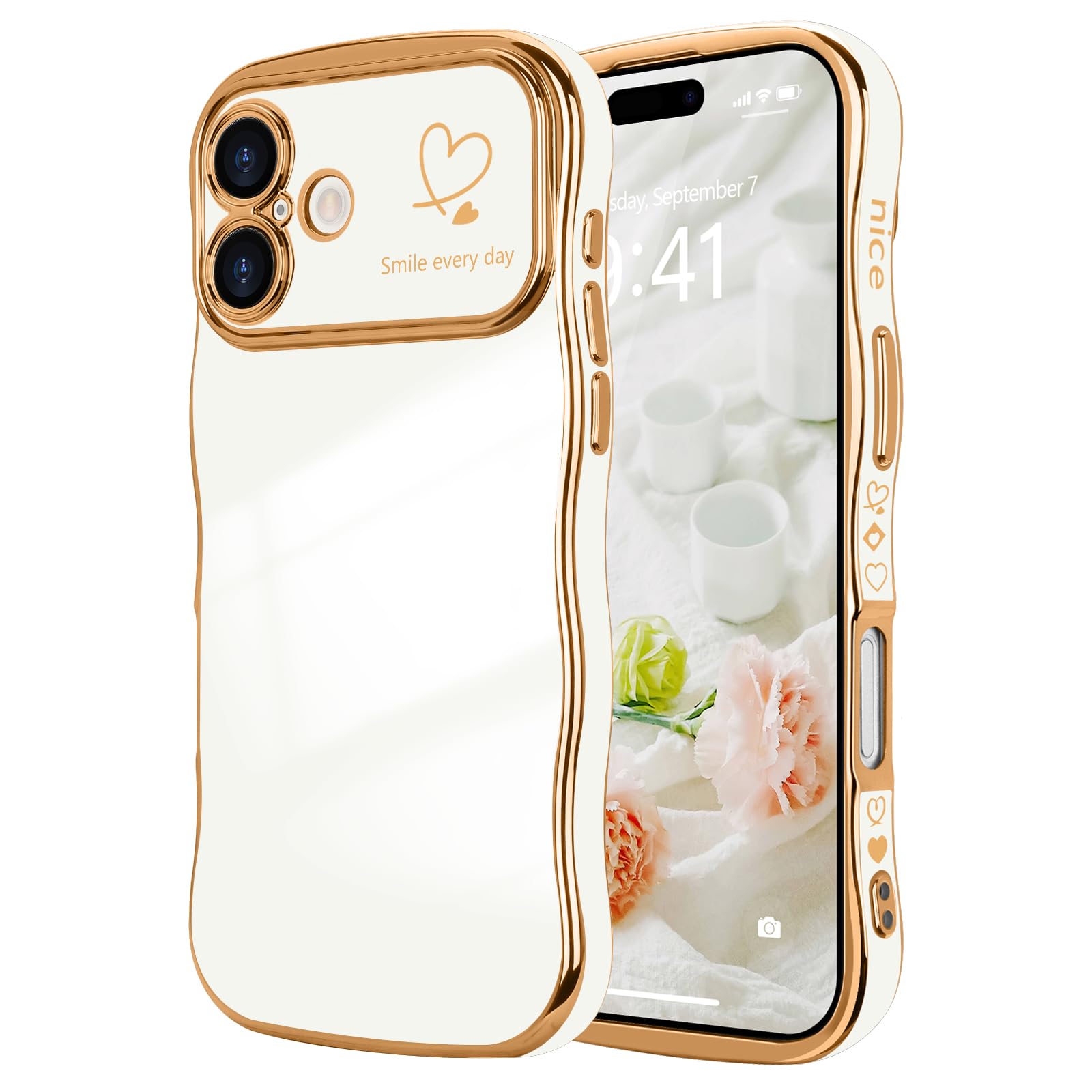 LCHULLE for iPhone 16 Case for Women Girls,Cute Curly Wave Frame Shape Love Heart Pattern Phone Case,Raised Camera Protection Plating Shockproof Cover for iPhone 16 6.1",White