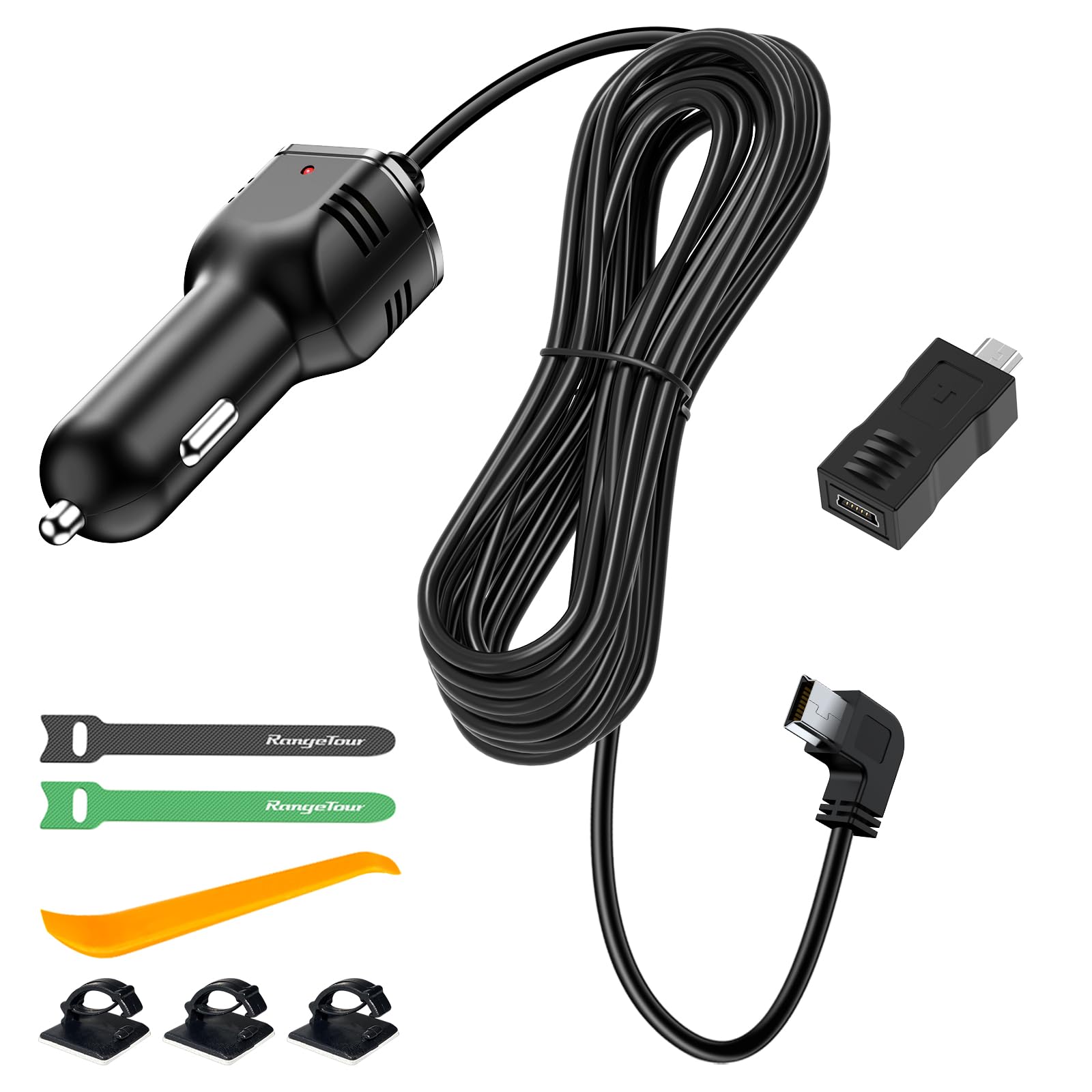 Range Tour Dash Camera Car Charger, Mini USB and Micro USB Interfaces, L-Type Driving Recorders Power Cord Universal Car Adapter Power Cord 4m/13.12ft 12V/24V to DC5V 3A