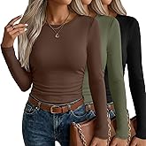 Velvelhall 3 Pack Women's Long Sleeve Shirts Side Ruched Crew Neck Slim Fit Basic Tees Casual Stretchy Going Out Tops